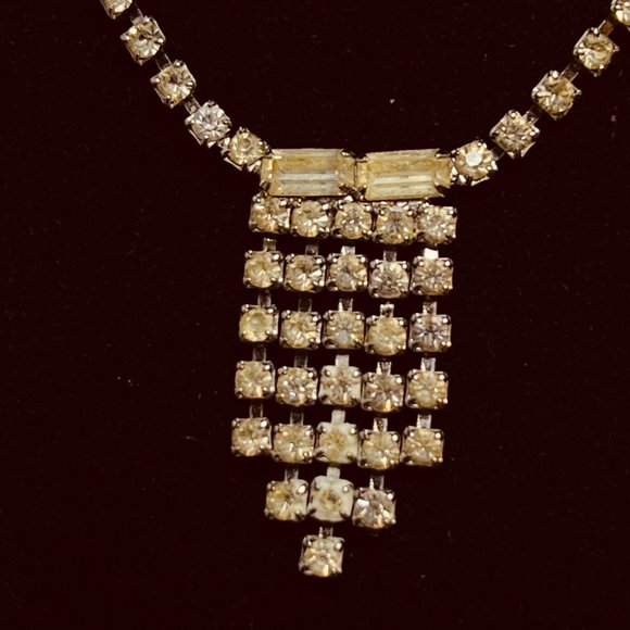 Vintage Silver Tone With Clear Rhinestones Choker Necklace 16" (3838) - Picture 2 of 7